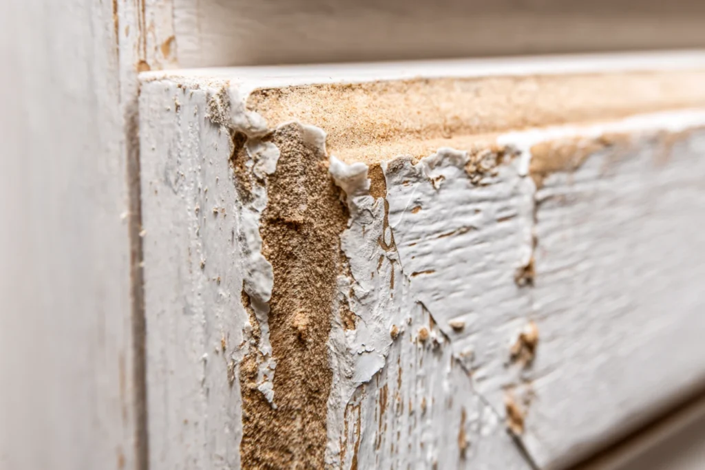 Spuchnięty front foliowany w łazience – efekt dostania się wilgoci pod folię PVC