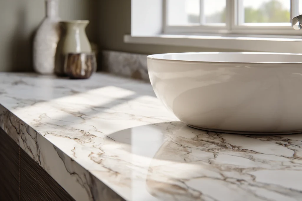 Nowoczesny blat z konglomeratu kwarcowego w łazience z umywalką nablatową