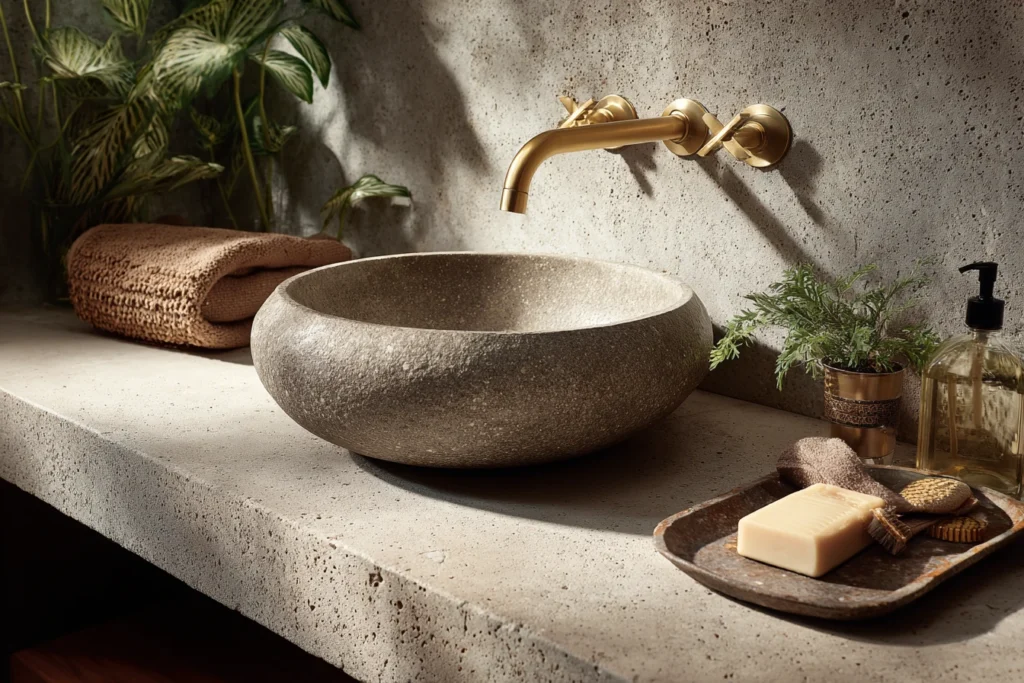 Blat z konglomeratu - surowy styl łazienki boho