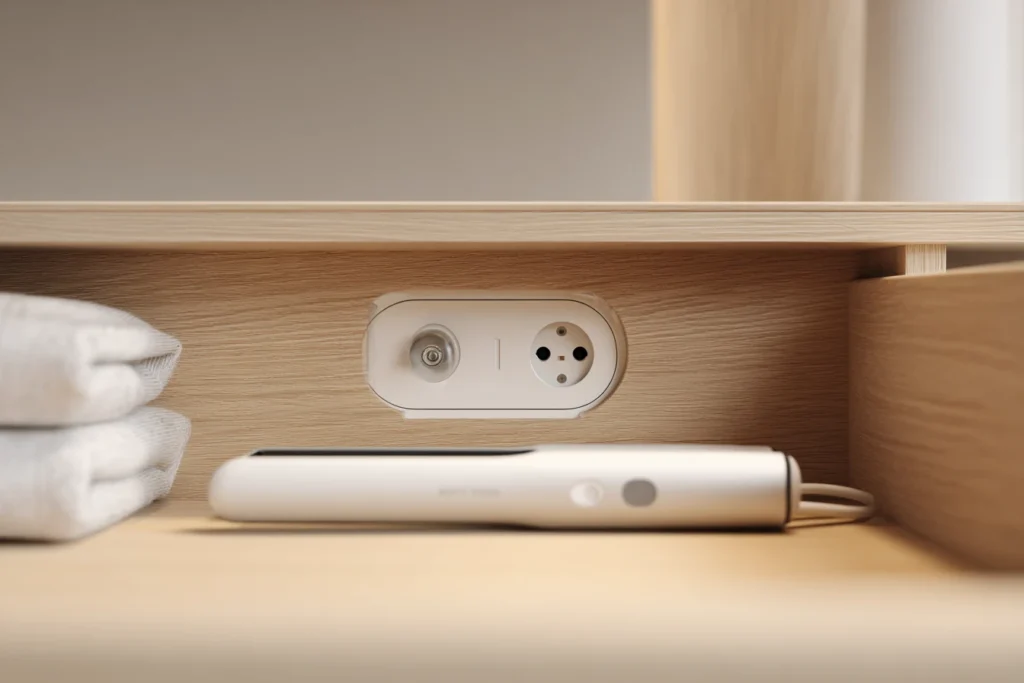 Szafka w łazience z gniazdkiem w szufladzie